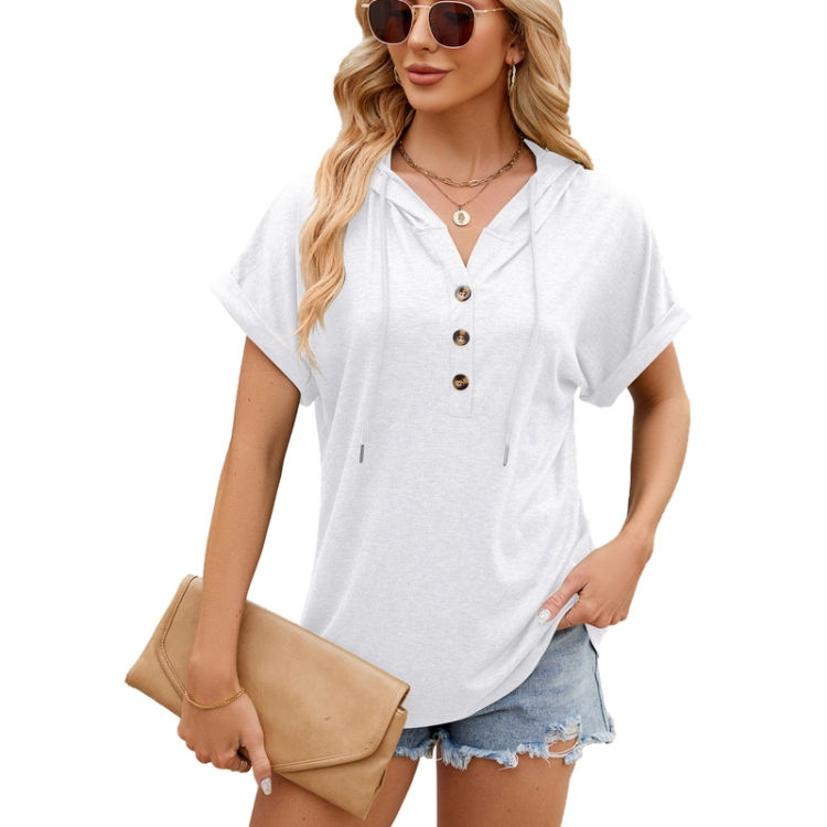 Thumbnail: Ladies Summer Hooded Button Loose Short Sleeve T-Shirt Blouse