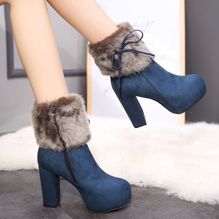 Thumbnail: Autumn And Winter Thick High Heeled Padded Warm Suede Round Toe Boots