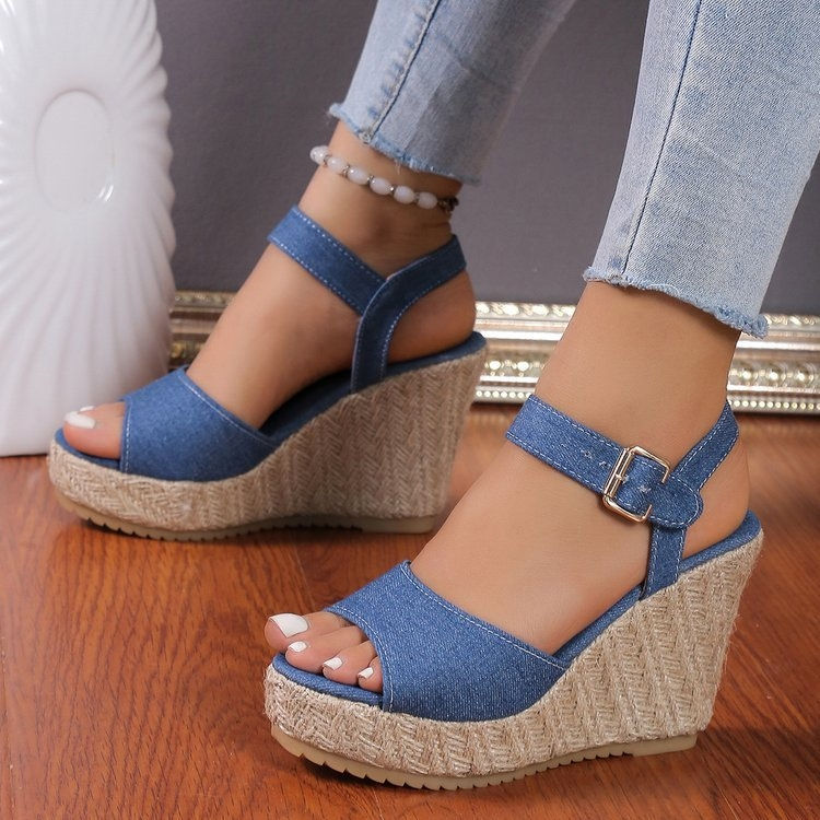 Thumbnail: Slope Heel Summer Women Sandals Thick Bottom Straw High Heels Sandals