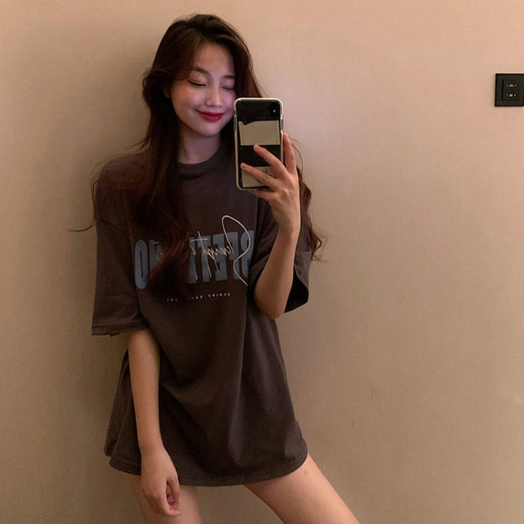 Thumbnail: Spring and Summer Retro Print Mid-length Loose Short-sleeved Top T-shirt