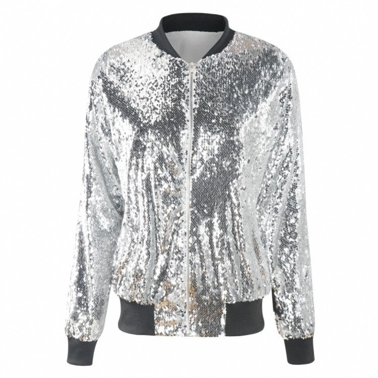 Thumbnail: Ladies Loose Sequin Baseball Jacket (Color:Silver Size:XXXL)