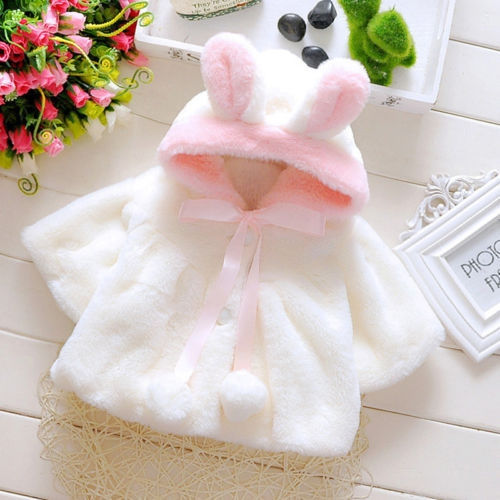 Thumbnail: Female Baby Cartoon Rabbit Ears Shape Hooded Imitation Rabbit Fur Shawl Coat