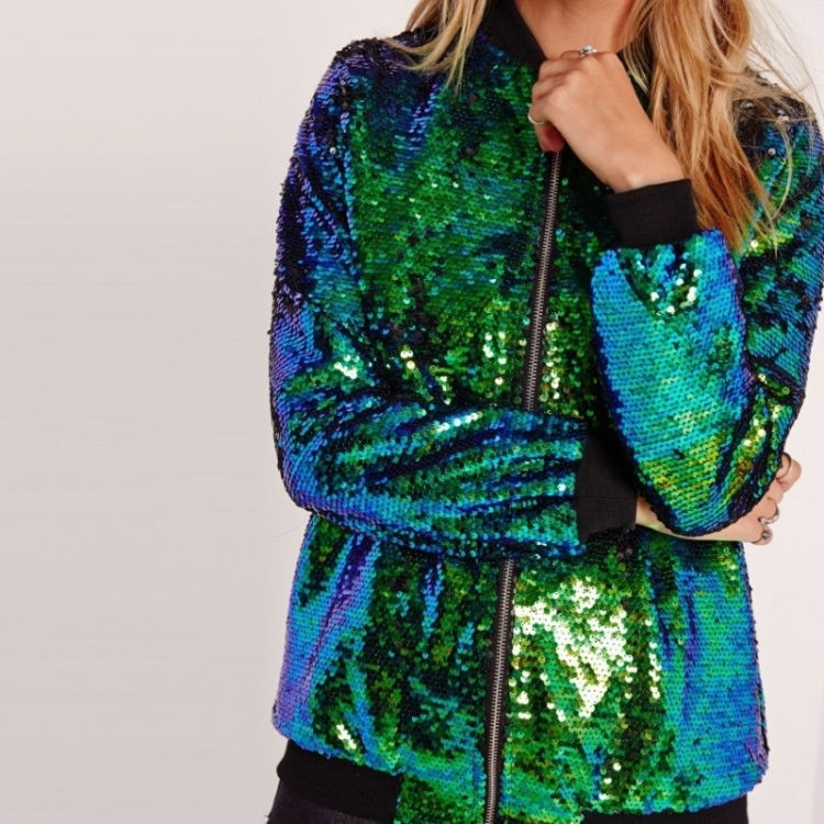Thumbnail: Ladies Loose Sequin Baseball Jacket (Color:Silver Size:XXXL)