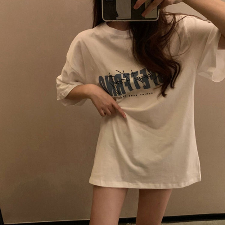 Thumbnail: Spring and Summer Retro Print Mid-length Loose Short-sleeved Top T-shirt