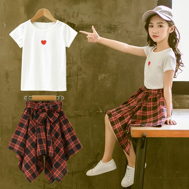 Thumbnail: Girls Short Sleeve Top + Skirt Two-piece Suit
