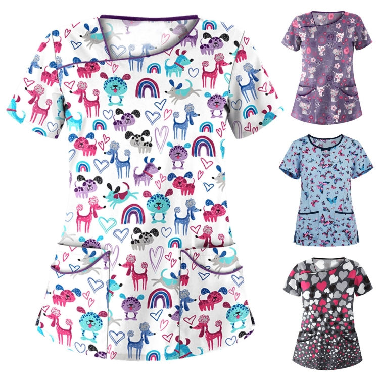 Thumbnail: Printed Round Neck Slim-fit Nurse Uniform T-shirt (Color:Light Blue Size:XXXL)