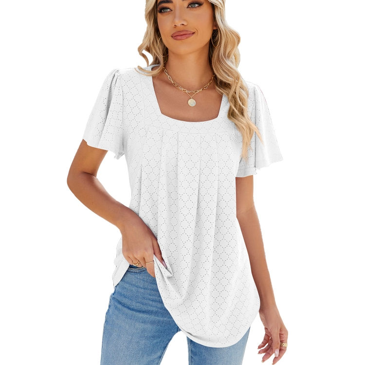 Thumbnail: Spring and Summer Square Neck Pleated Short Sleeve Ladies Loose T-Shirt Top