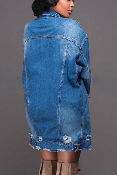 Thumbnail: Women Plus Size Mid-length Ripped Denim Trench Coat