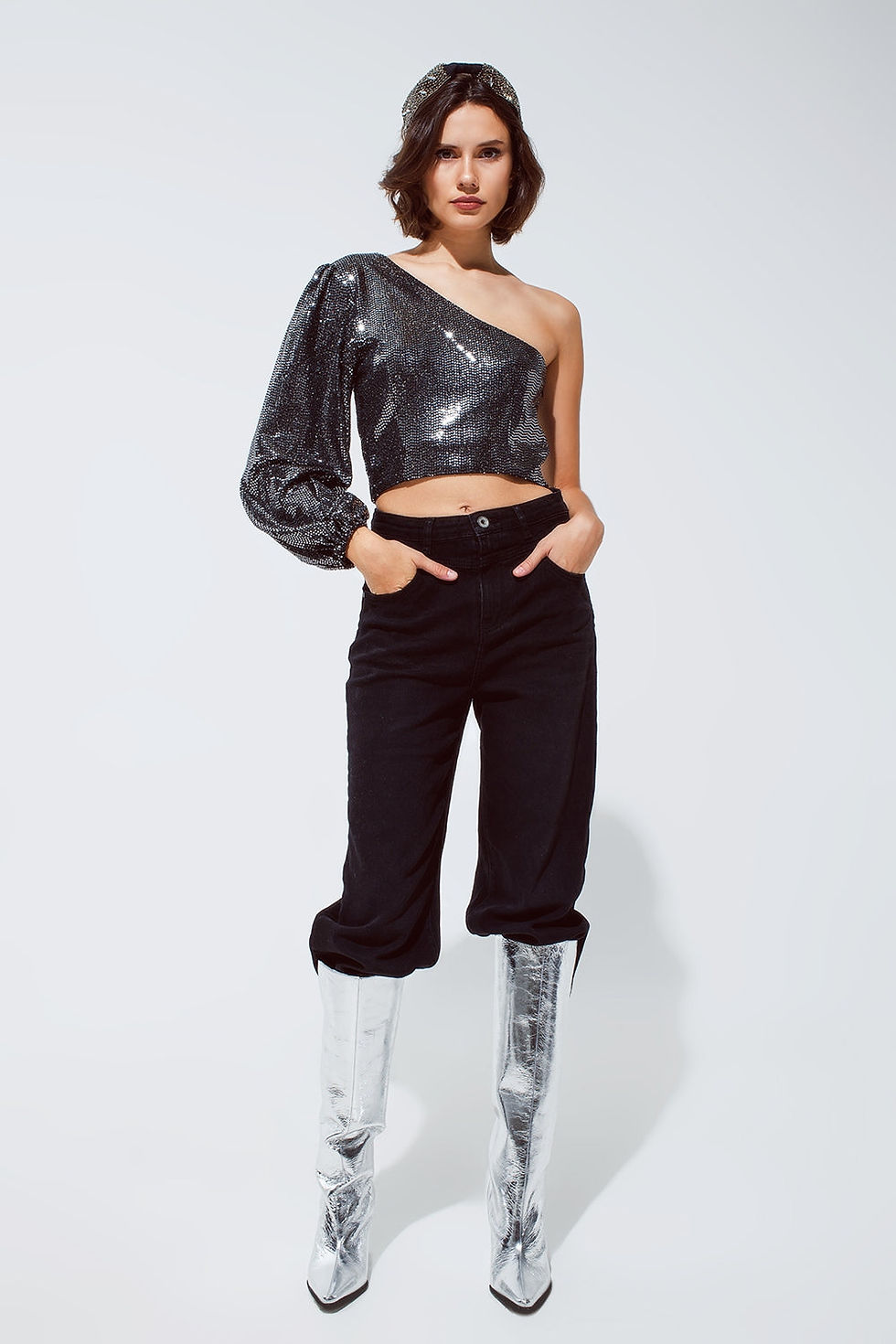 Thumbnail: Party Cropped One Shoulder Top With Glitter Detail in Silver