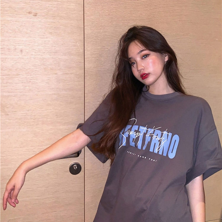 Thumbnail: Spring and Summer Retro Print Mid-length Loose Short-sleeved Top T-shirt