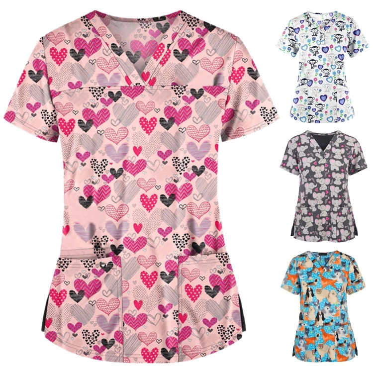 Thumbnail: Loose Printed Hedging Thin T-shirt Nurse Uniform (Color:White Size:XXXL)