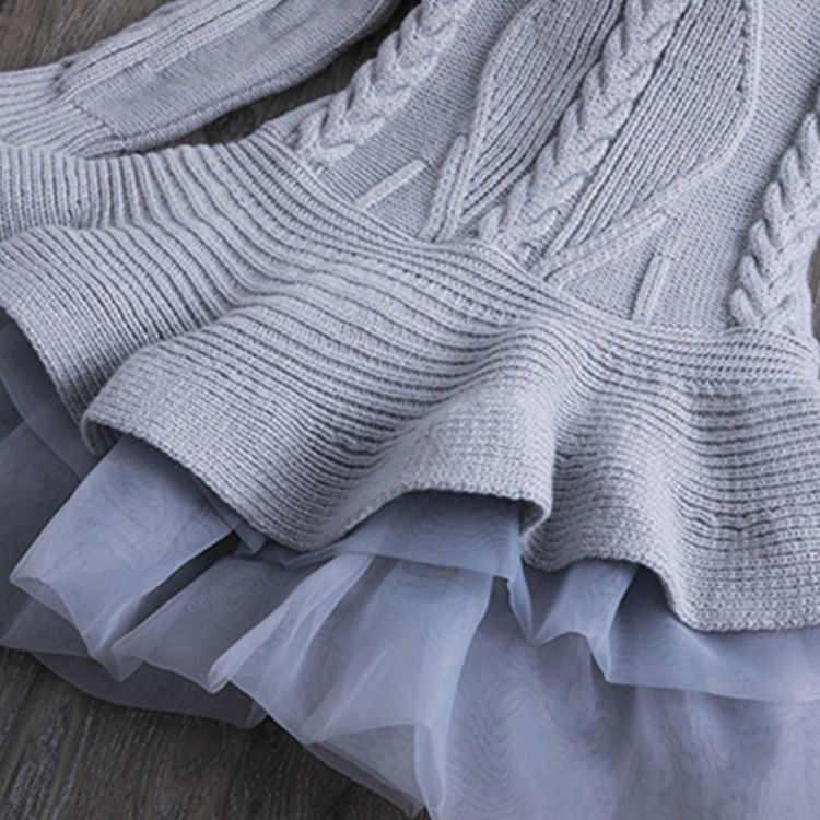 Thumbnail: Winter Girls Knit Long Sleeve Sweater Organza Dress Evening Dress