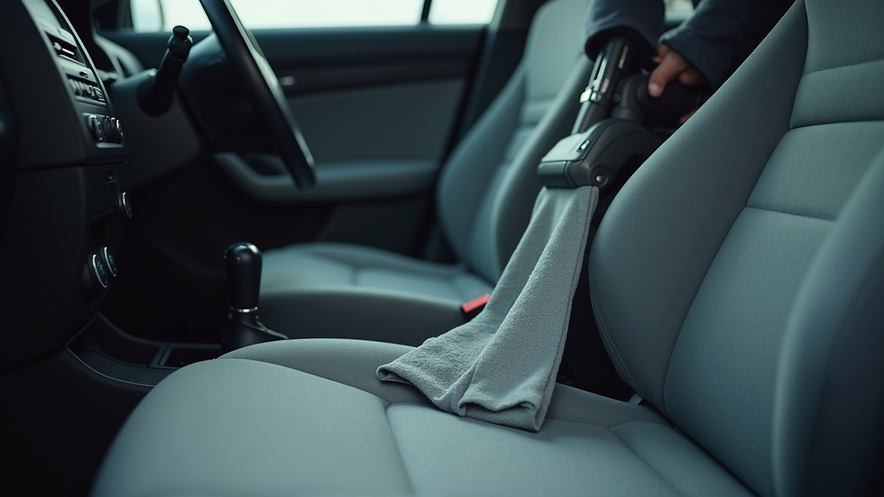 Close-up view of car seat fabric being vacuumed