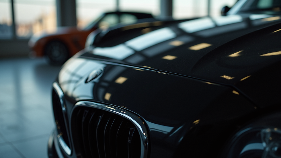 Close-up view of a shiny black car hood after detailing