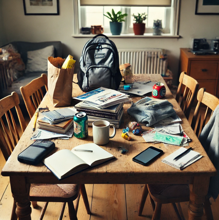 Dining table with a modest amount of everyday clutter, including mail, grocery bags, books, a coffee mug, a child’s backpack, and a toy, creating a relatable, lived-in scene with chairs and a simple dining area in the background.