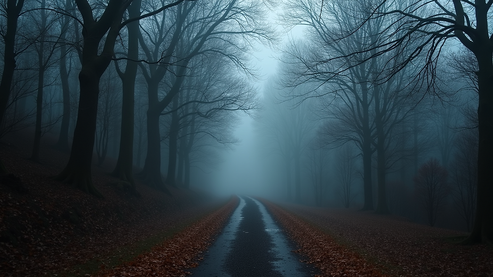 Wide angle view of a spooky forest path