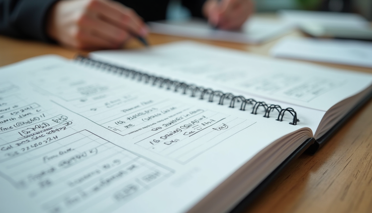 Close-up view of a student’s internship portfolio with notes and project plans