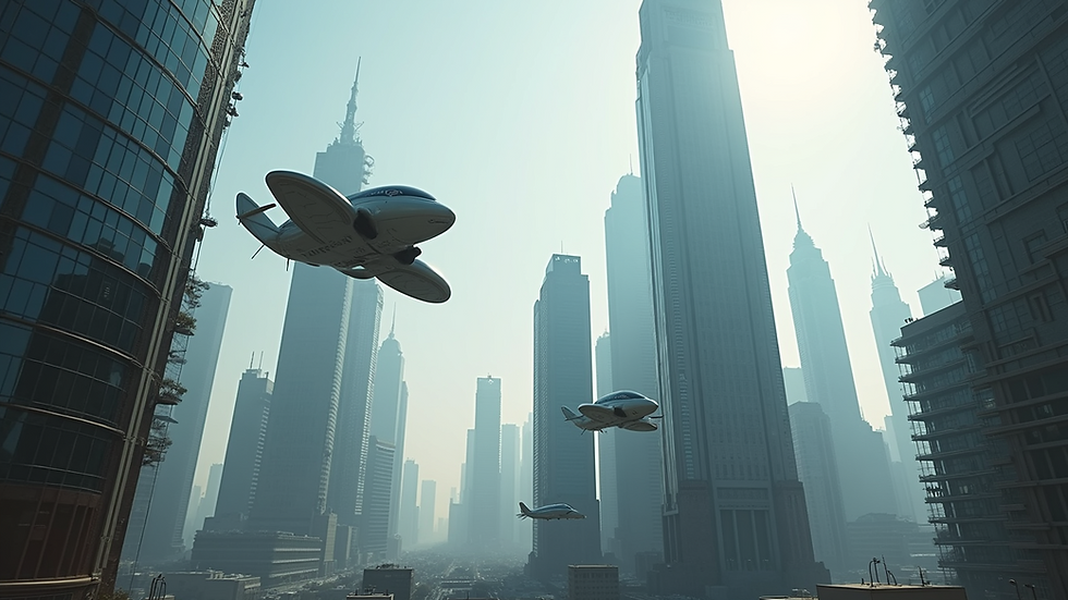 Eye-level view of a futuristic cityscape with towering skyscrapers and flying vehicles