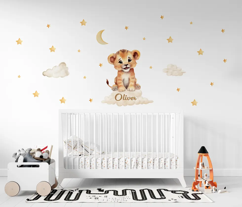 Customizable lion wall decal with moon, stars, and clouds. Personalized name option, perfect for nursery decor. Watercolor design with peel and stick application. Ideal for adding a cozy, magical touch to the baby's room