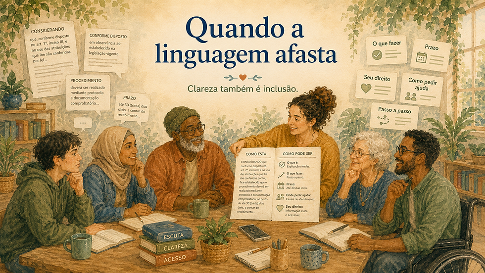 Audiodescrição da imagem: Imagem horizontal, em estilo aquarela, com tons suaves de bege, verde, azul, terracota e amarelo, mostrando um ambiente acolhedor e cheio de plantas, onde um grupo diverso de pessoas está reunido ao redor de uma mesa para conversar sobre comunicação clara. No alto, ao centro, aparece o título em letras grandes azul-escuras: “Quando a linguagem afasta”; abaixo dele há um pequeno ornamento com folhas e coração e a frase “Clareza também é inclusão.” À esquerda da imagem, aparecem papéis e balões com textos formais e difíceis, como “considerando”, “conforme disposto”, “procedimento” e “prazo”, representando uma linguagem burocrática que pode confundir ou afastar as pessoas. À direita, há cartões mais simples e organizados, com expressões como “O que fazer”, “Prazo”, “Seu direito”, “Como pedir ajuda” e “Passo a passo”, indicando uma comunicação mais acessível. Na parte inferior, várias pessoas de diferentes idades, aparências e origens estão sentadas à mesa: uma pessoa jovem observa com atenção, uma mulher usando hijab sorri, um homem negro mais velho, de barba grisalha e óculos, participa da conversa, uma mulher de blusa amarela segura um documento dividido entre “como está” e “como pode ser”, uma mulher idosa de cabelos brancos escuta sorrindo e um homem de óculos em cadeira de rodas participa com um caderno aberto à sua frente. Sobre a mesa há canecas, cadernos, celular, lápis, uma planta pequena e uma pilha de livros com as palavras “escuta”, “clareza” e “acesso”. A imagem transmite a ideia de que a linguagem pode criar barreiras, mas também pode abrir caminhos quando é feita com clareza, cuidado e inclusão.