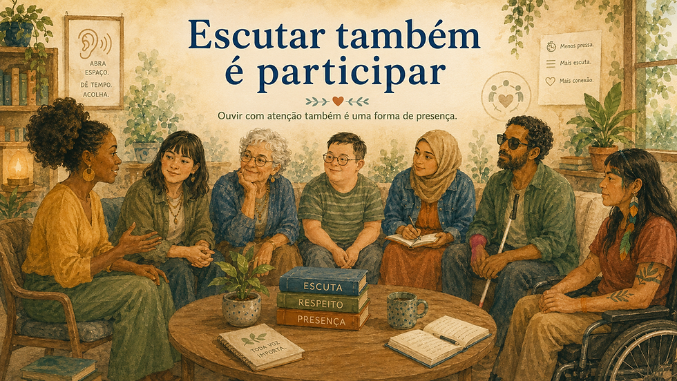 Audiodescrição da imagem: Imagem horizontal, em estilo aquarela, com tons suaves de bege, verde, terracota, azul e amarelo, mostrando um ambiente acolhedor, com plantas, livros e um grupo diverso de pessoas reunidas em uma conversa. No alto, ao centro, aparece o título em letras grandes azul-escuras: “Escutar também é participar”. Logo abaixo há um pequeno ornamento com folhas e coração e, em seguida, a frase: “Ouvir com atenção também é uma forma de presença.” À esquerda, há um quadro com o desenho de uma orelha e as frases “Abra espaço”, “Dê tempo” e “Acolha”. À direita, outro cartaz traz as frases “Menos pressa”, “Mais escuta” e “Mais conexão”, além de um símbolo circular com pessoas e um coração. Na parte inferior, várias pessoas estão sentadas em roda, demonstrando atenção e escuta. À esquerda, uma mulher negra de blusa amarela fala com gestos calmos, enquanto as demais pessoas a observam com interesse. Ao lado dela, uma mulher de cabelos escuros escuta sorrindo; mais ao centro, uma mulher idosa de cabelos brancos e óculos apoia o rosto na mão, em atitude atenta. Próximo a ela, há um jovem com óculos, sentado de forma tranquila, e uma mulher usando hijab segura um caderno e uma caneta, como se estivesse anotando. À direita, um homem negro com óculos escuros segura uma bengala branca, indicando deficiência visual, e participa da roda com expressão serena. Na extremidade direita, uma mulher indígena, sentada em uma cadeira de rodas, observa a conversa com atenção. No centro da roda há uma mesa baixa com uma planta pequena, uma caneca, cadernos abertos e uma pilha de livros com as palavras “Escuta”, “Respeito” e “Presença”. Também aparece um caderno com a frase “Toda voz importa”. A composição transmite calma, acolhimento, diversidade e a ideia de que escutar com atenção também é uma forma ativa de participação.