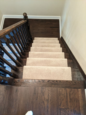 Staircase with brown panels and beige carpet down the middle