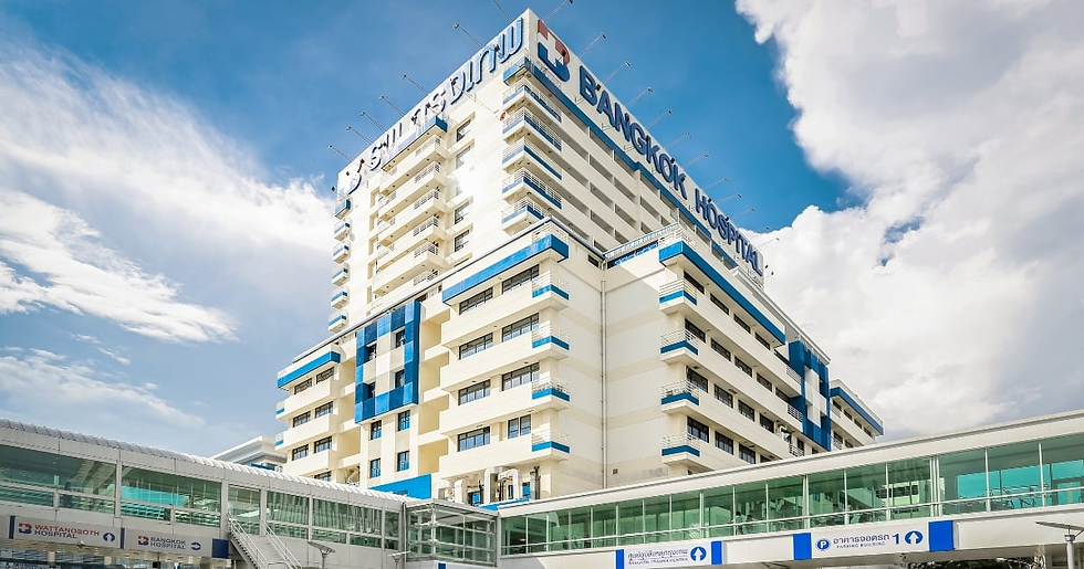 Modern white and blue hospital building with "Bangkok Hospital" sign under a partly cloudy sky, creating a bright and clean atmosphere.