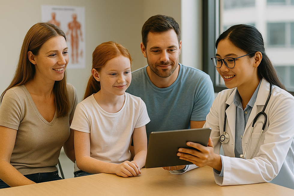 Family smiling with a female doctor holding a tablet in a bright office. Medical poster on wall, neutral colors, friendly setting.