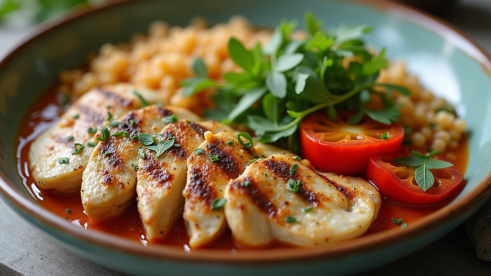 Close-up view of a healthy meal with grilled chicken, vegetables, and quinoa