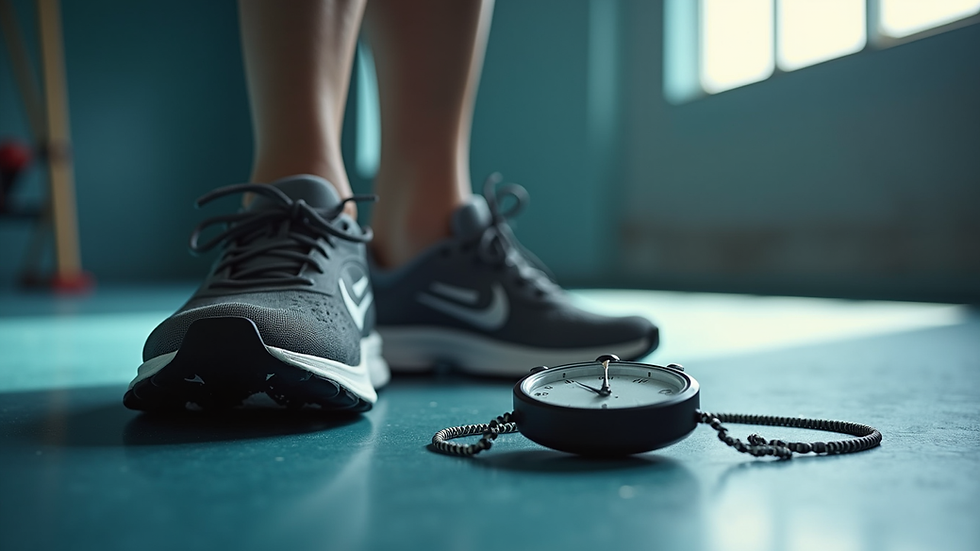 Close-up of a stopwatch and running shoes on a gym floor