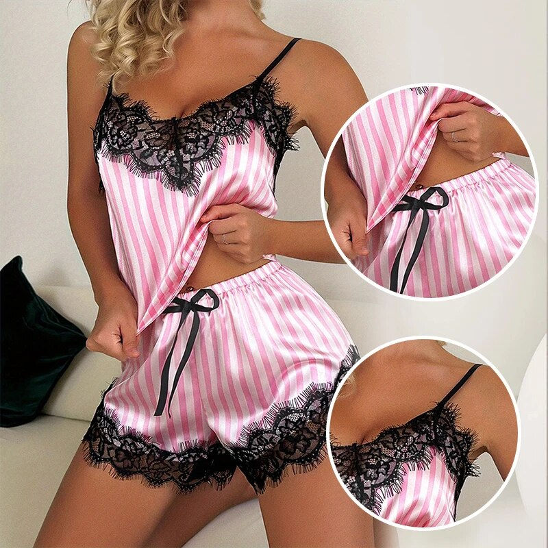 Thumbnail: Two Piece Women's V-Neck Sexy Lace Suspender Pajama Shorts Set Casual Women's Sl