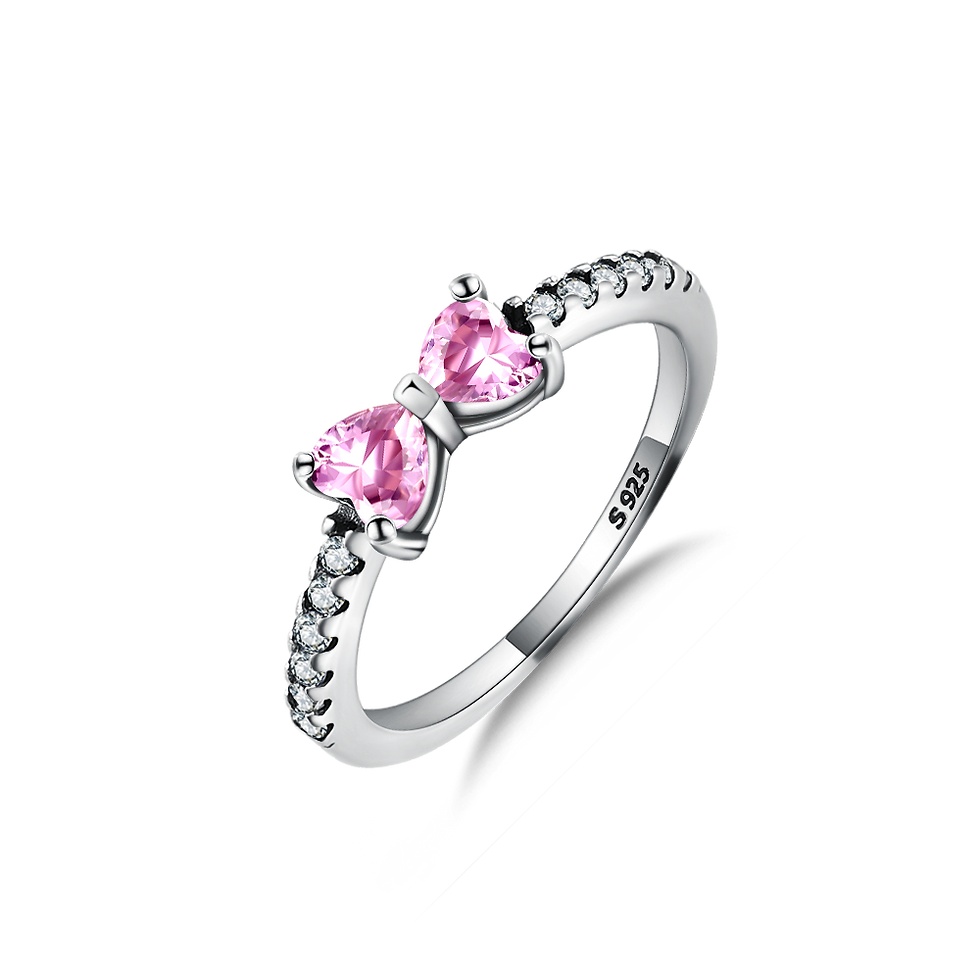 Thumbnail: Silver Plated Pink Heart Bow Ring With CZ Accents Perfect Romantic Gift For Wome