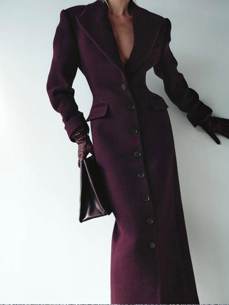 Thumbnail: Women's Long Coat Slim V Neck Single Breasted Overcoats Shoulder Pad Maxi Jacket