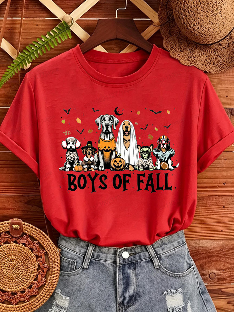 Thumbnail: Boys of Fall Print Women's T-Shirts Retro Halloween Dogs Tee Tops Cute Ghost Pum