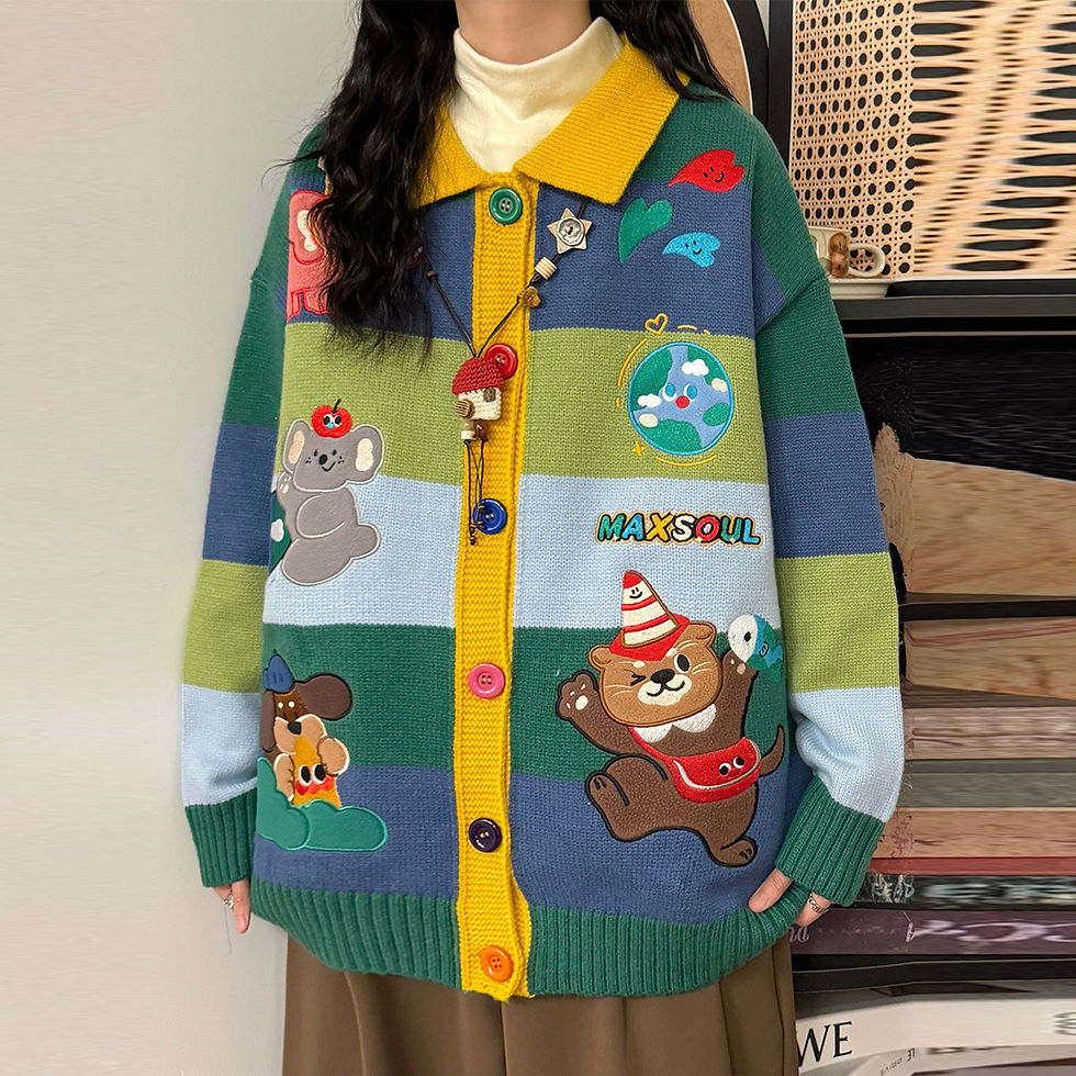 Thumbnail: Cartoon embroidery colored buttons design sense knitted cardigan sweater dopamin