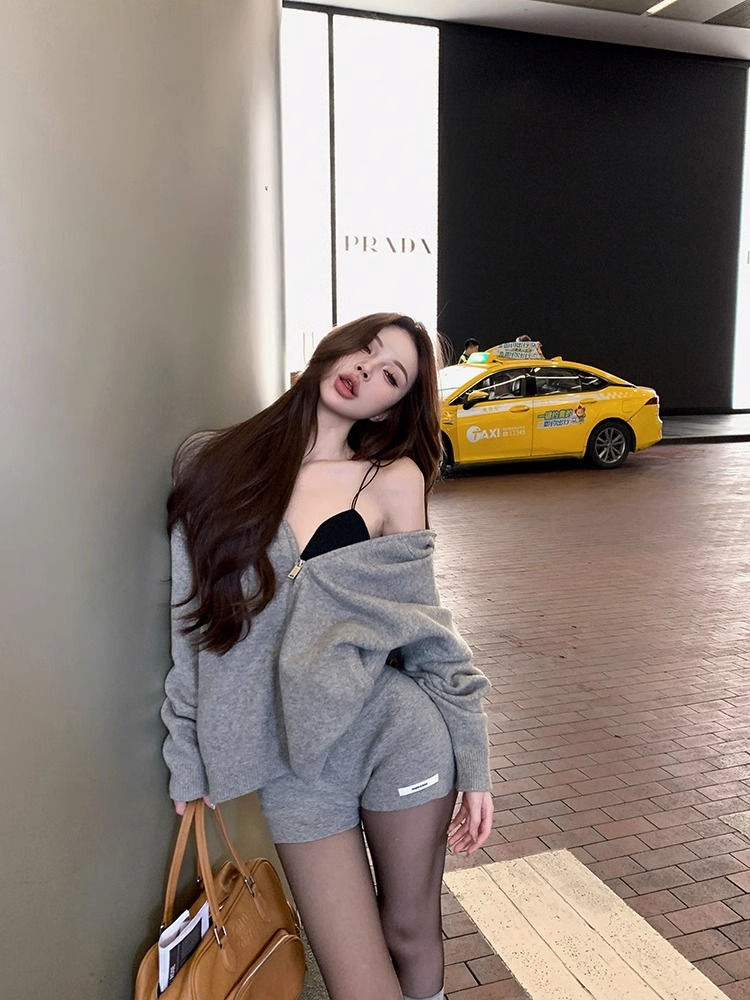 Thumbnail: American Style Spicy Girl Knitted Hoodie Set Women's Autumn Open Cardigan Zipper