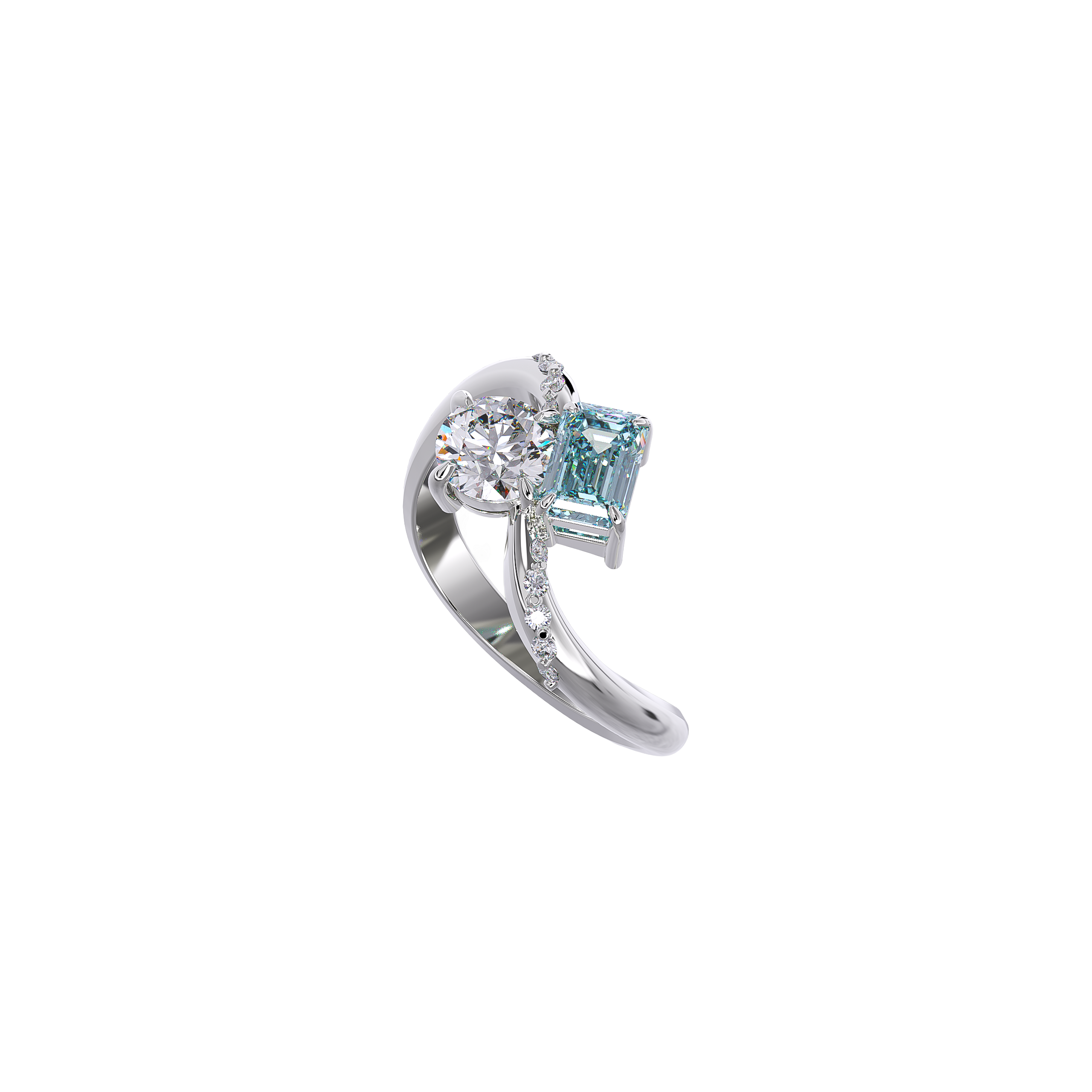 Nhẫn nữ kim cương CVD Blue Emerald 2 Carats & Round 5li4 vàng 14K