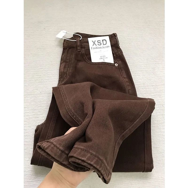 Women's American Vintage Coffee Brown Slim Straight Jeans High Waist Loose Slimm