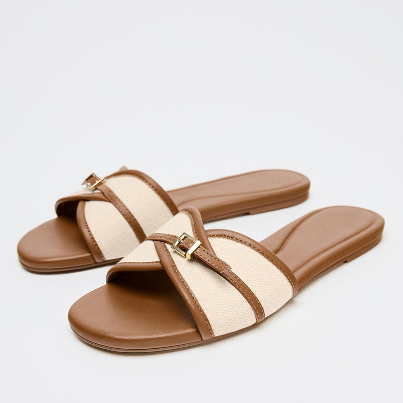 Casual Flat Women's Shoes Summer Brown Metal Buckle Slippers Color Block Outdoor