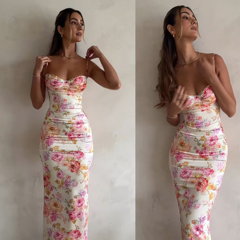 New Floral Suspender Split Slim Sleeveless Patry Beach Style Spaghetti Strap Dre