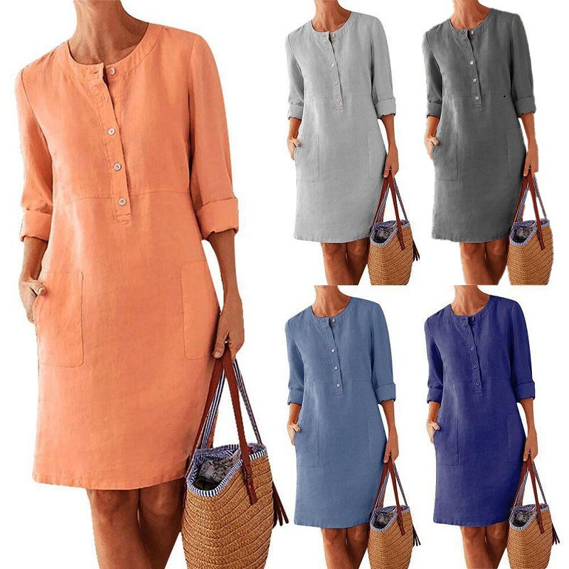 Women Casual Soild Long Sleeve Cotton And Linen Tunic Dress Vintage Straight Dre