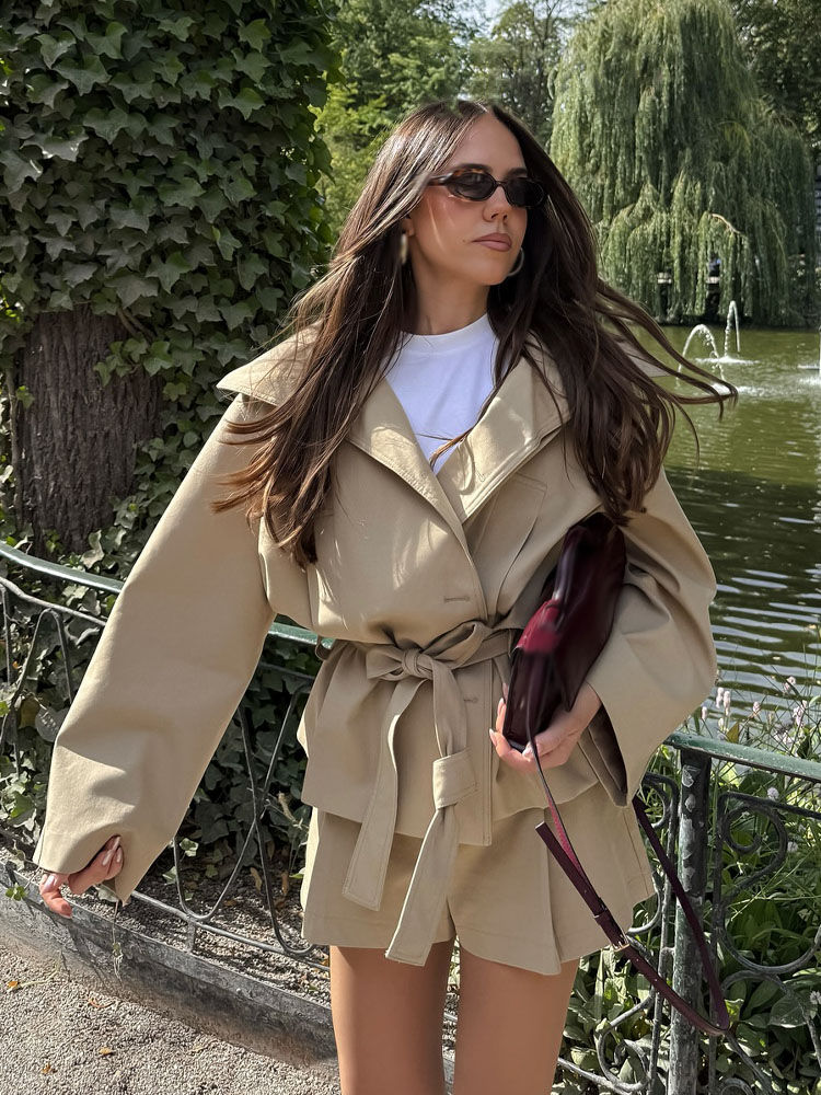 HH Women Fashion Summer Suits Solid Turn-Down Collar Long Sleeves Lace-Up Single