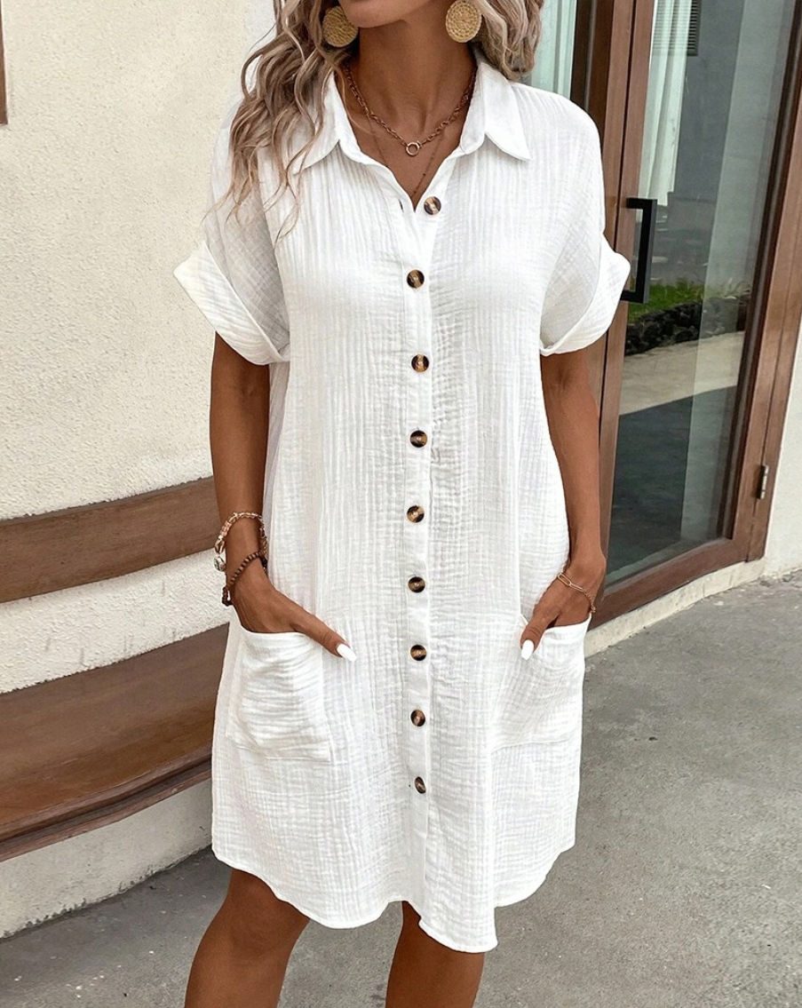 Vintage Women Solid Mini Dress Summer Fashion V-neck Three Quater Sleeve Cotton