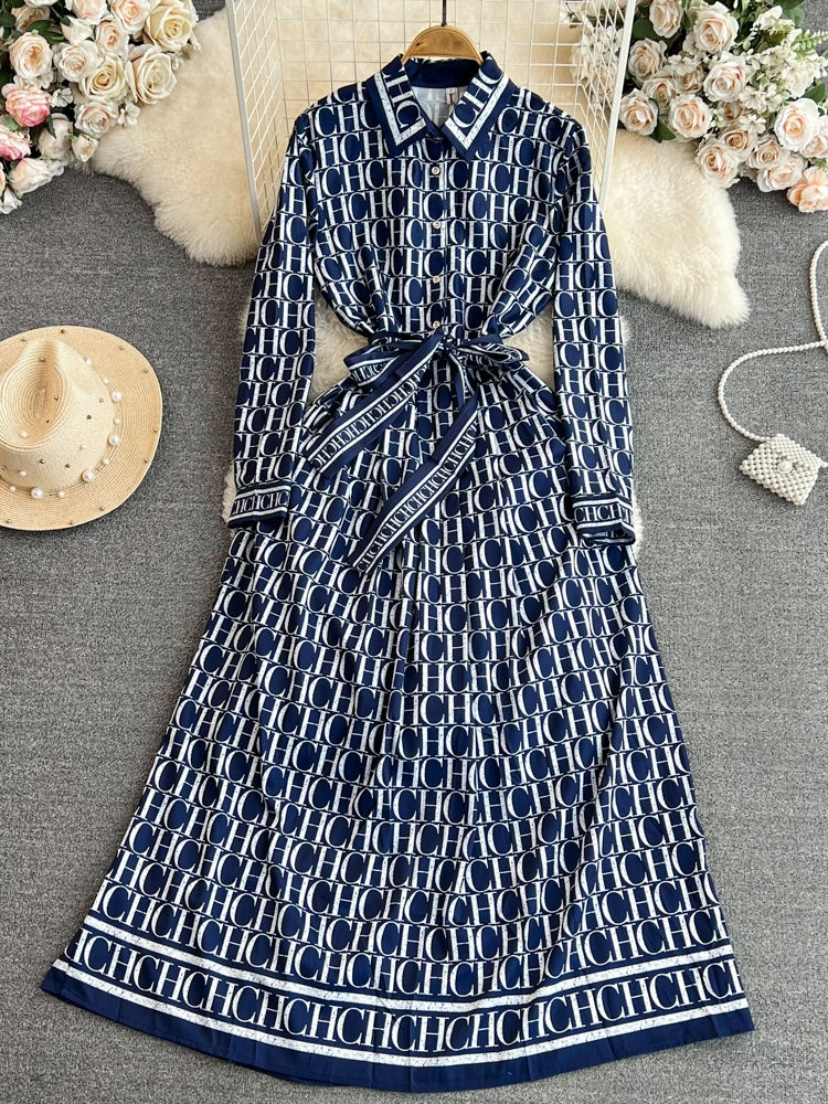 Spring Autumn Korean Style Long Sleeve Turn-down Collar Slimming A-line Printed
