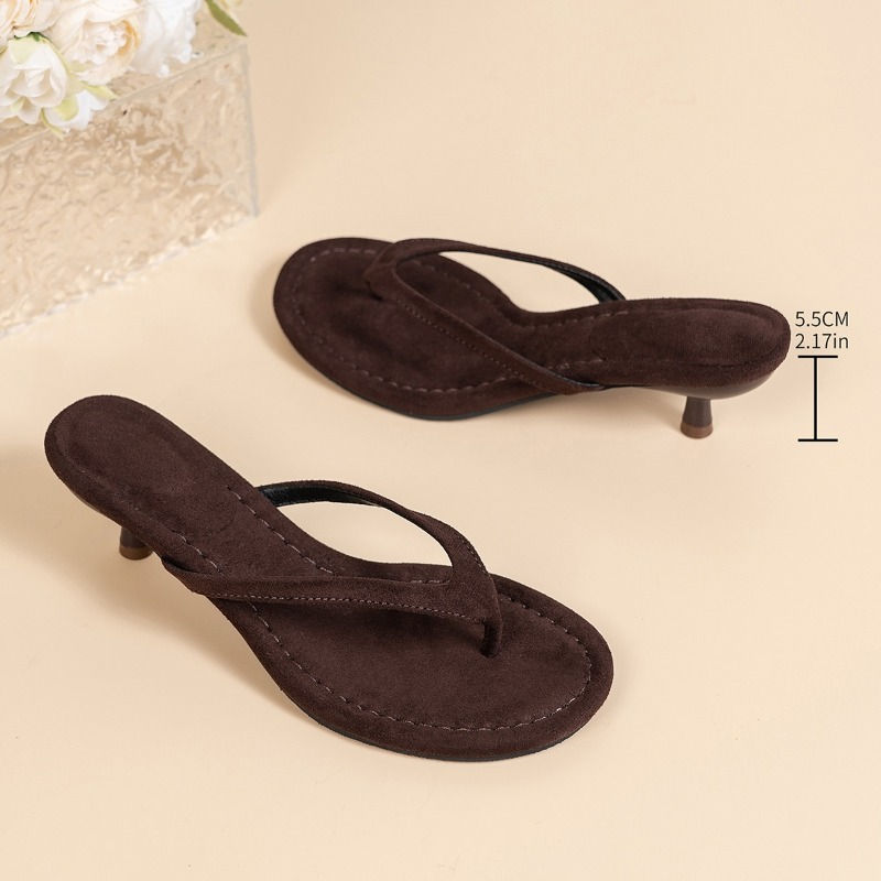 Women Brown Heeled Sandals with Thin Heel Comfortable Summer Flip Flops for Beac