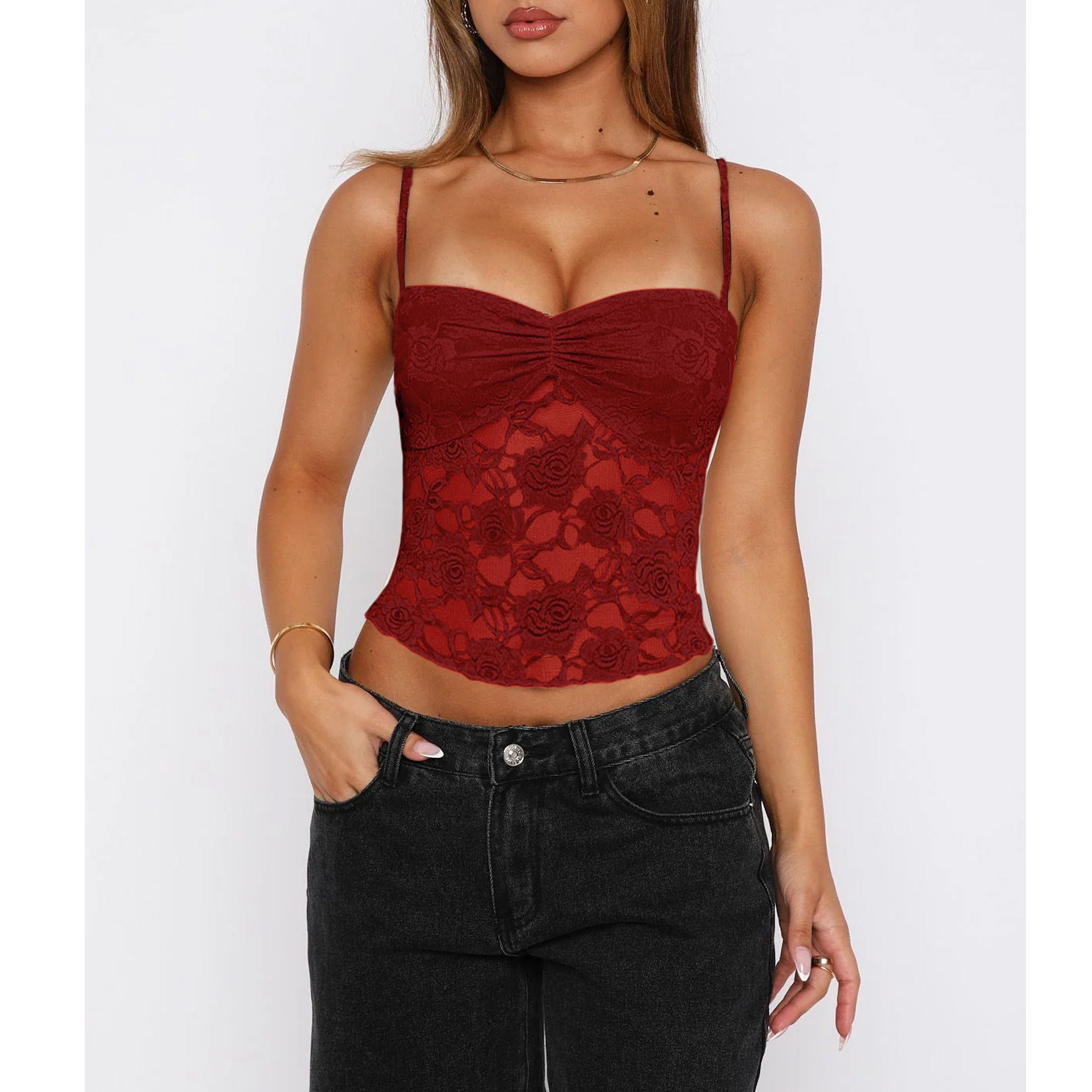 Women's Summer Lace Cami Tops Sleeveless Ruched Front Solid Color Camisole Slim