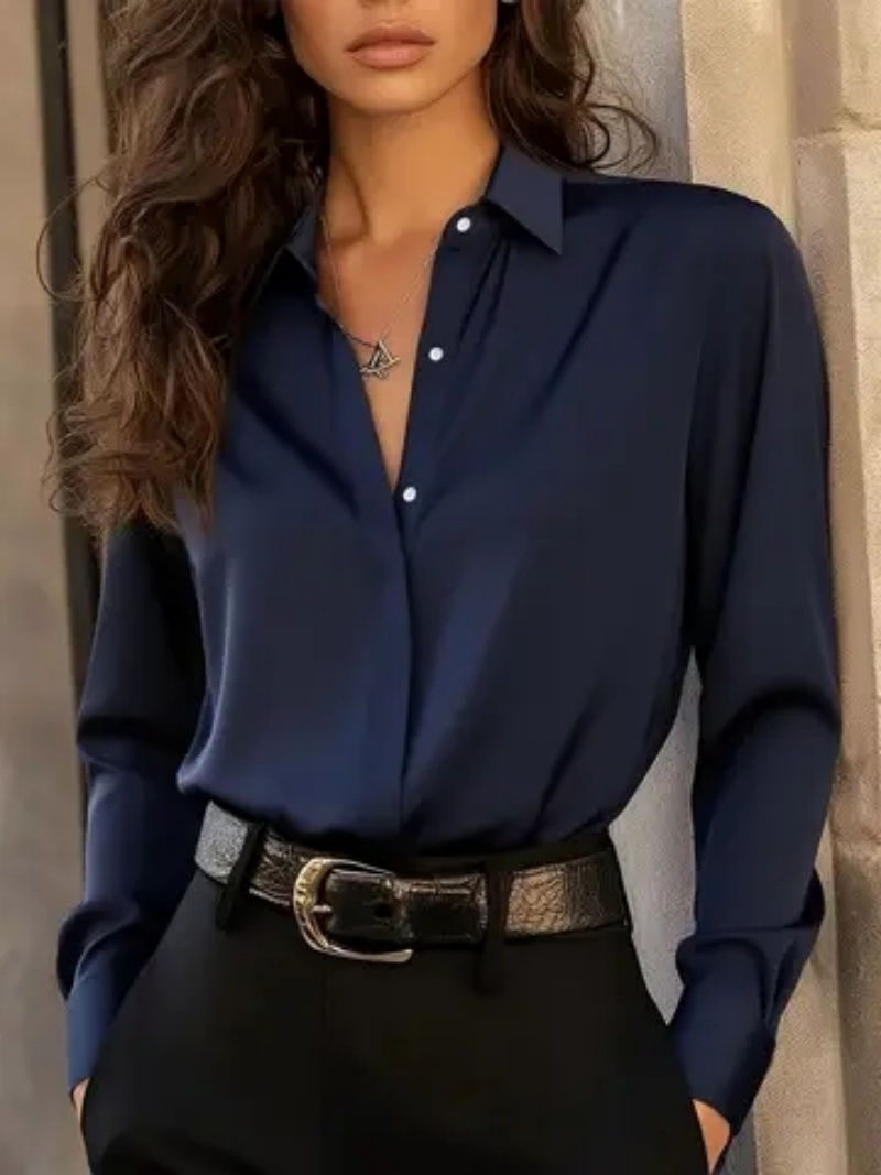Women's Long Sleeve Button Down Blouse - Elegant Office Chic Top with Classic C