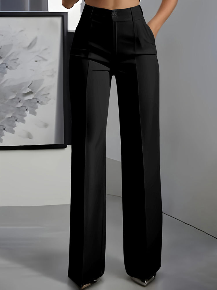 Women High Waisted Wide Leg Office Trousers, Solid Black Pleated Elegant Crease