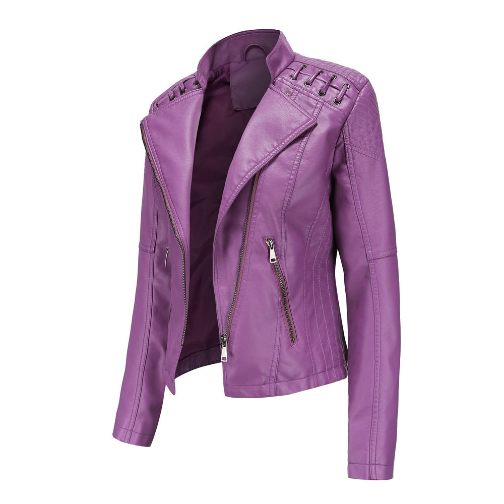 2023Spring Autumn Ladies Motorcycle Leather Jackets Women Turn-down Collar Zippe