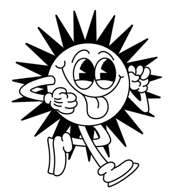 Cheerful cartoon sun wearing shoes, with a playful expression, sticking out its tongue and winking while striding energetical
